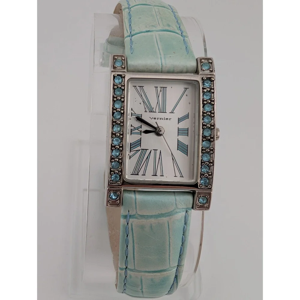 Vernier Tank Watch Women‎ 21mm Case Blue Pave Leather Band- New Battery